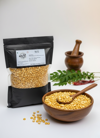 Buta Dali 1kg pack containing premium roasted gram dal with a crunchy texture and rich flavor, ideal for snacks and traditional Indian recipes.