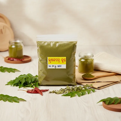 Curry Leaf Powder 50gm made from premium dried curry leaves, natural and finely ground powder for enhancing the flavor of Indian recipes.