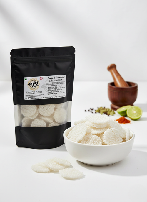 Sagoo Pampad 200gm made from premium-quality sago, offering a light and crispy texture for snacks and traditional Indian meals.